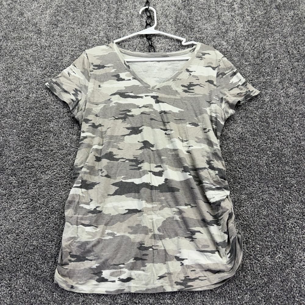 Isabel Maternity T Shirt Womens Extra Large Gray Camo V Neck Ruched Side Short S